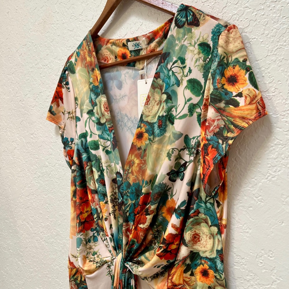 KOH KOH Womens 2X Floral Butterfly Twist Front V-Neck Maxi Dress Multicolor NWT - Picture 5 of 8